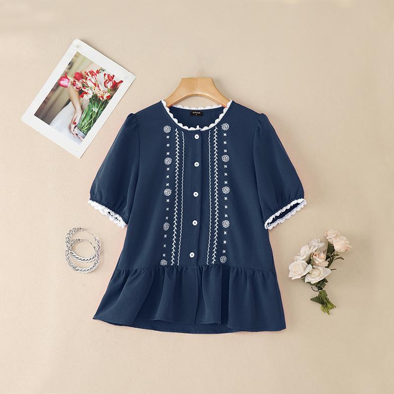 VONDA Wemen Casual Loose Round Neck Half Sleeve Lace Hem Embroidery Blouse