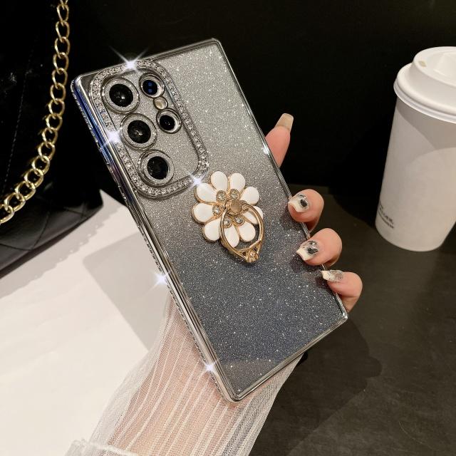 For Samsung Galaxy S25 Ultra Luxury Plating Rhinestone Frame Diamond Ring Stand Phone Case For Samsung S22 S23 S24 S25Plus Cover