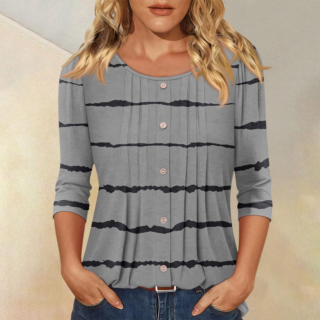 Damen Modisches Lässiges Dreiviertelarm Knopf Kariert Gestreift Druck Rundhals Oberteil