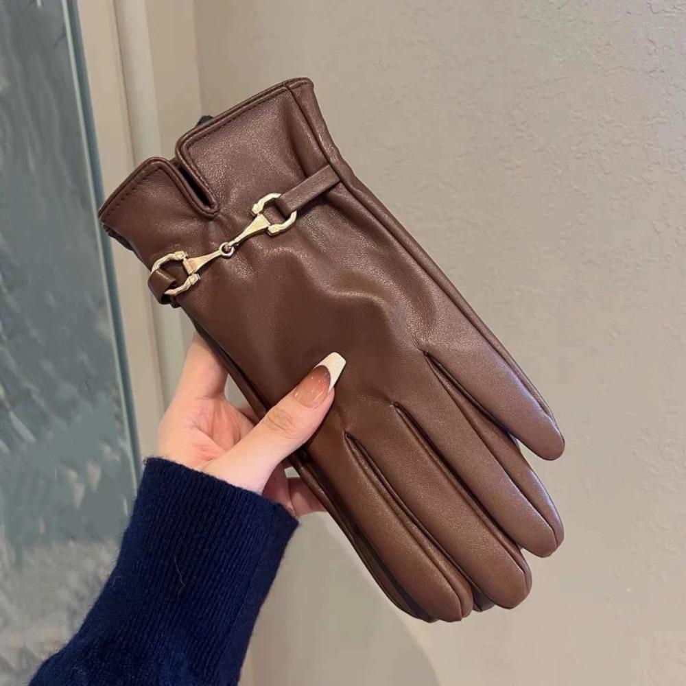Verdickte Vollfinger-Fäustlinge Kette Handschuhe Schlichte Damen Lederhandschuhe Damen