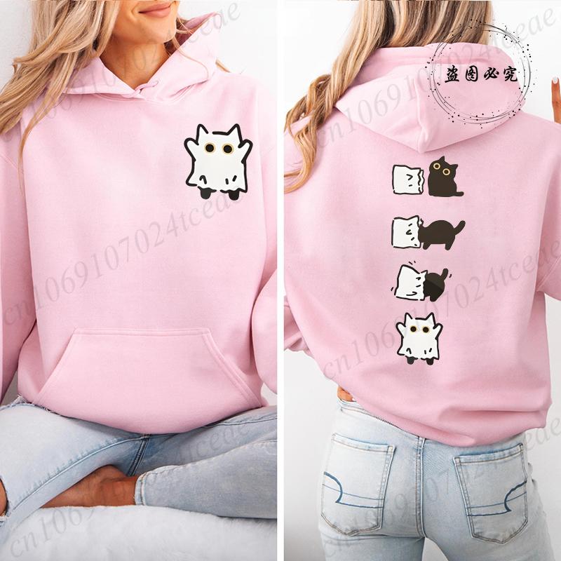 Autumn Fleece Hoodie Boo Black Cat Printed Hooded Halloween Fashion Sweatshirts Long Sleeve Top Drawstring Pockets Loose Hoodies
