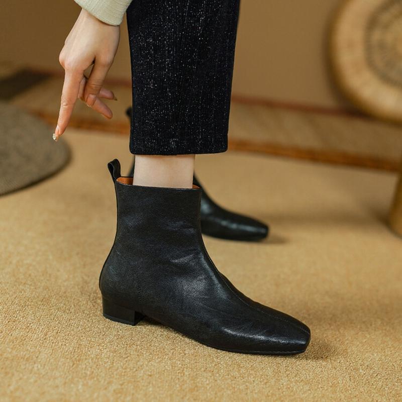Fashion NEW Autumn Women Boots Gnueine Leather Shoes for Women Square Toe Low Heel Shoes Black Zipper Ankle Boots Handmade Modern Boots