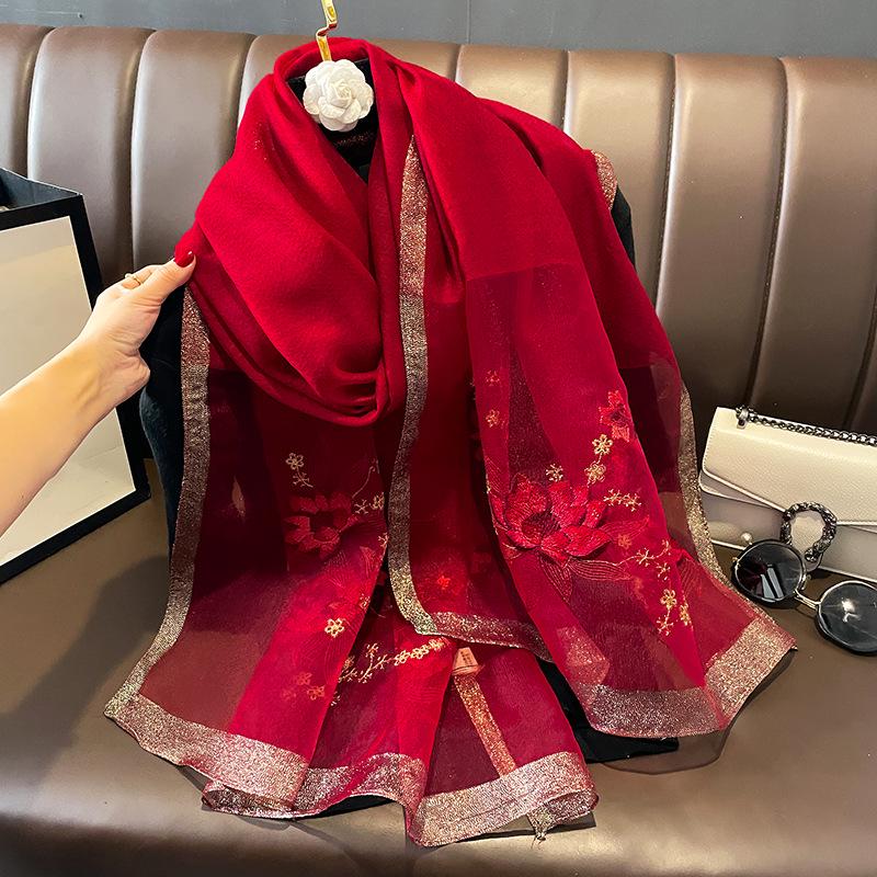 Women's Silk Wool Embroidered Scarf - Dual-Use Winter Shawl & Neck Gaiter