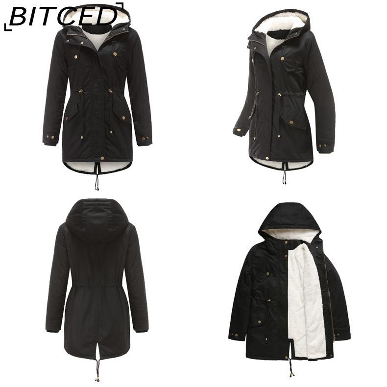 BITCED Autumn/Winter Women's Cotton Coat Solid-Colour Hooded Parka Thick Cotton Coat with Fleece Lining