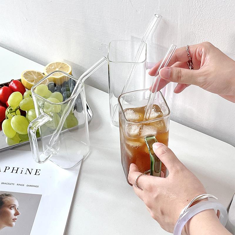400ml Square Glass Mug With Lid and Straw Breakfast Milk Cup Microwave Safe Transparent Party Beer Coffee Mug Drinkware Glass