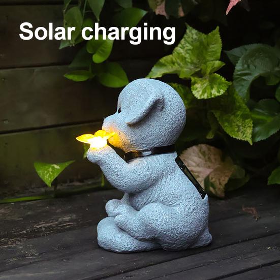 Garden Dog Statue with Solar Butterfly Light Small Resin Puppy Sculpture Outdoor Waterproof Solar Powered Animal Figurine for Yard Patio Lawn
