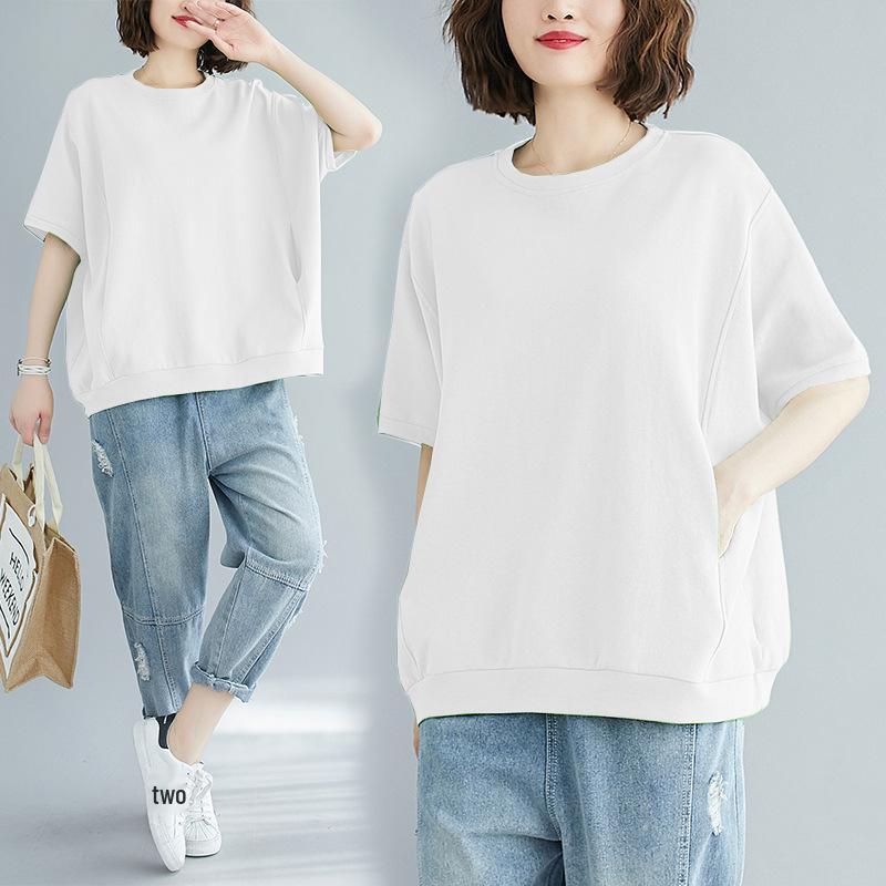 Summer Plus Size Slimming T-Shirt for Girls: Loose Fit, Age-Reducing, Solid Color, Versatile Short Sleeve Top