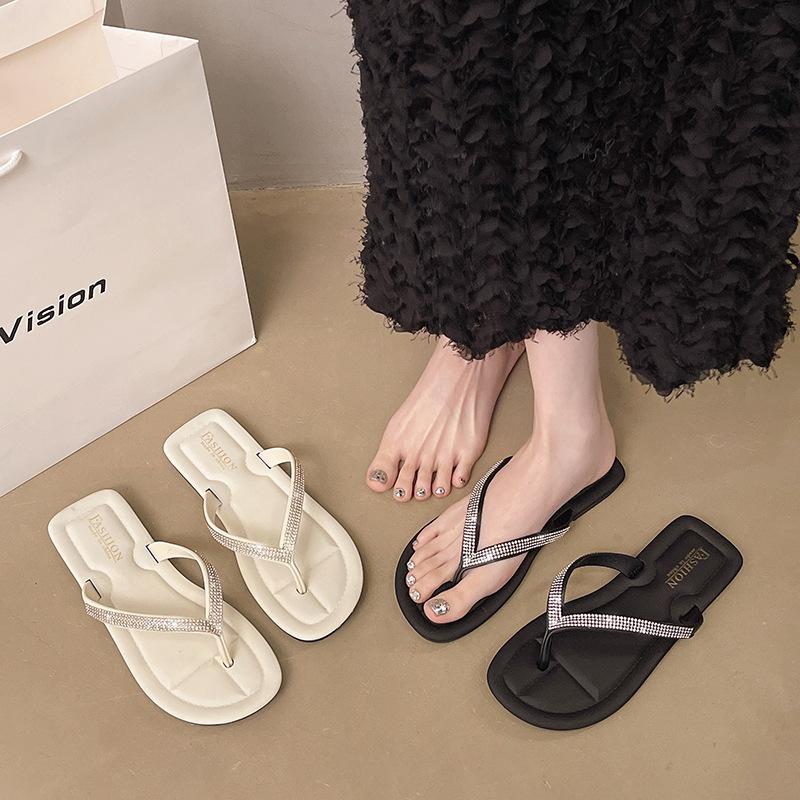Summer French niche rhinestone minimalist flip-flops soft and comfortable flat-bottomed slippers outside casual beach sandals