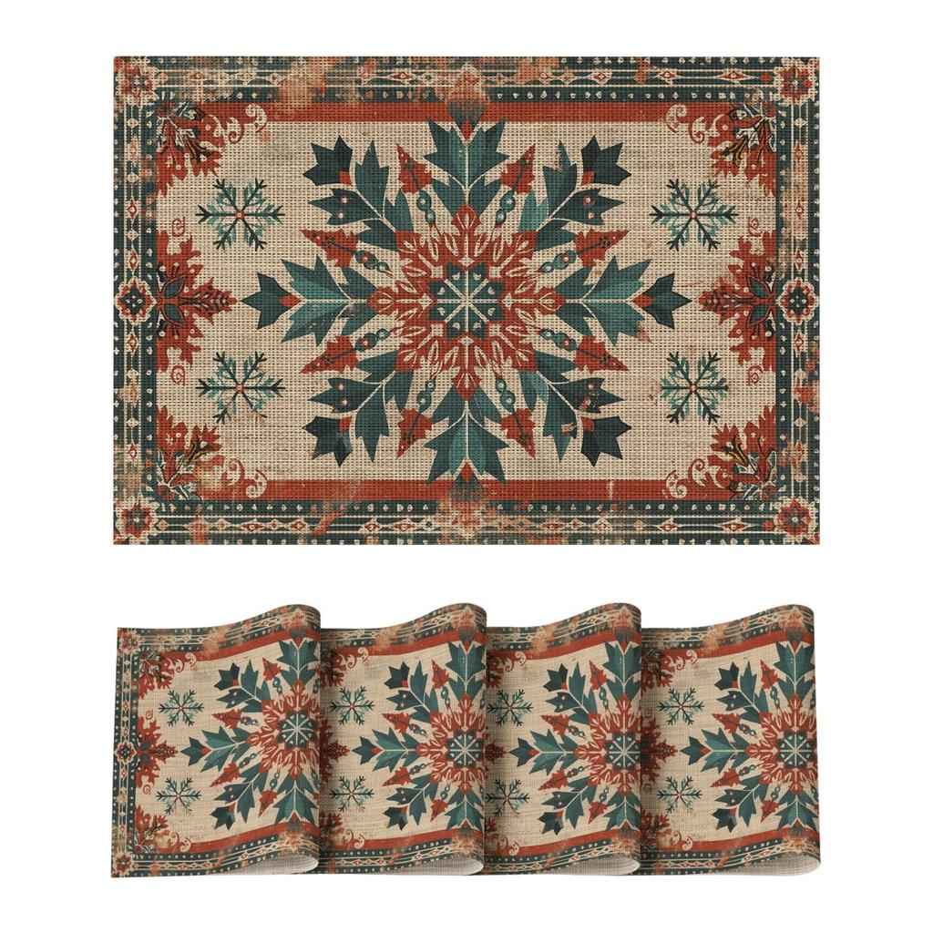 Snowflakes Floral Ethnic Boho Christmas Placemats Set of 4, Washable Heat Resistant Non-Slip Plastic PVC Place Mats