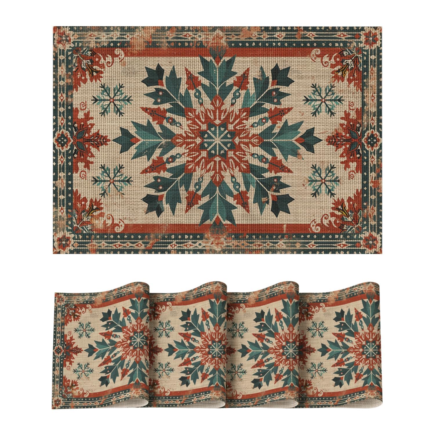 

Snowflakes Floral Ethnic Boho Christmas Placemats Set of 4, Washable Heat Resistant Non-Slip Plastic PVC Place Mats 12 x 18 , Rectangular 4 Pcs