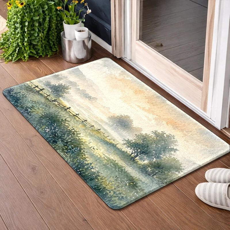 Pastoral Watercolor Doormat Country Fence Tree Meadow Sunrise Print Decorative Floor Mat Soft Rug for Indoor Front Door Home Use