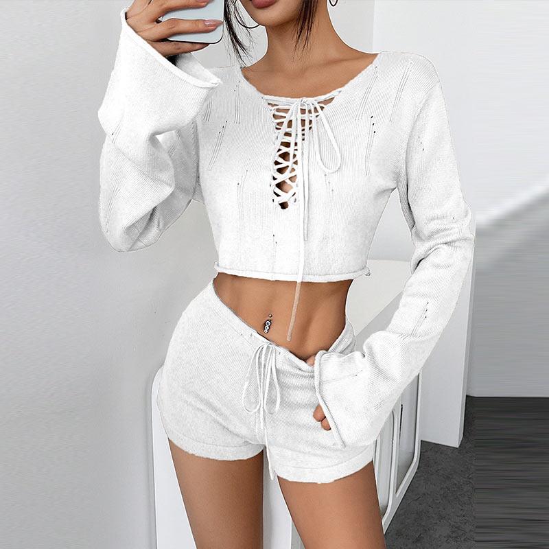 Casual Knit Shorts Suits Women O Neck Long Sleeves Bandage Tops Sets Female Spring Summer Lady Beach Sets 2 Pieces