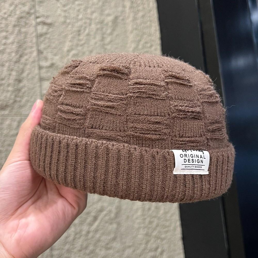 Thick Knitted Beanie Cap Solid Color Cuff Trawler Hat Retro Docker Cap