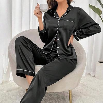 Pyjamasset för kvinnor Långärmad knapptopp Elastisk midja Byxor Loungewear Set Hudvänlig imitation sidenpyjamas för hem i sovrummet Vår Höst
