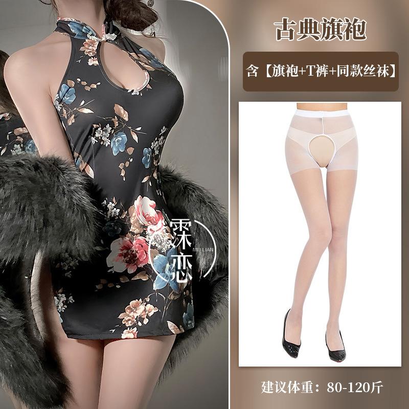 Sex Underwear Split-ended Sleeveless Printed Cheongsam Slim and Thin Sexy Uniform People Cheongsam Sex Clothes