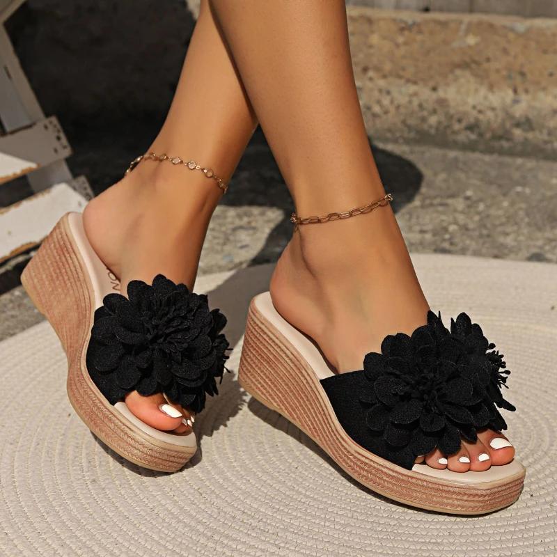 Fashion European American Slope Heel Slippers 2024 Summer New Flower Decoration Square Head One Word Large High Heel Women's Slippers