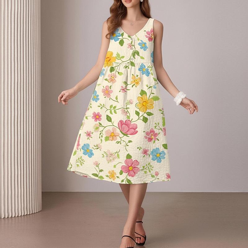 Spring new, fashionable and elegant vacation v-neck print sleeveless dress S