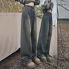Dames jeans met hoge taille en wijde pijpen: Hong Kong Stijl, Losvallende Pasvorm, Lente/Zomer, Alles-Combinerend, Vloerlengte.