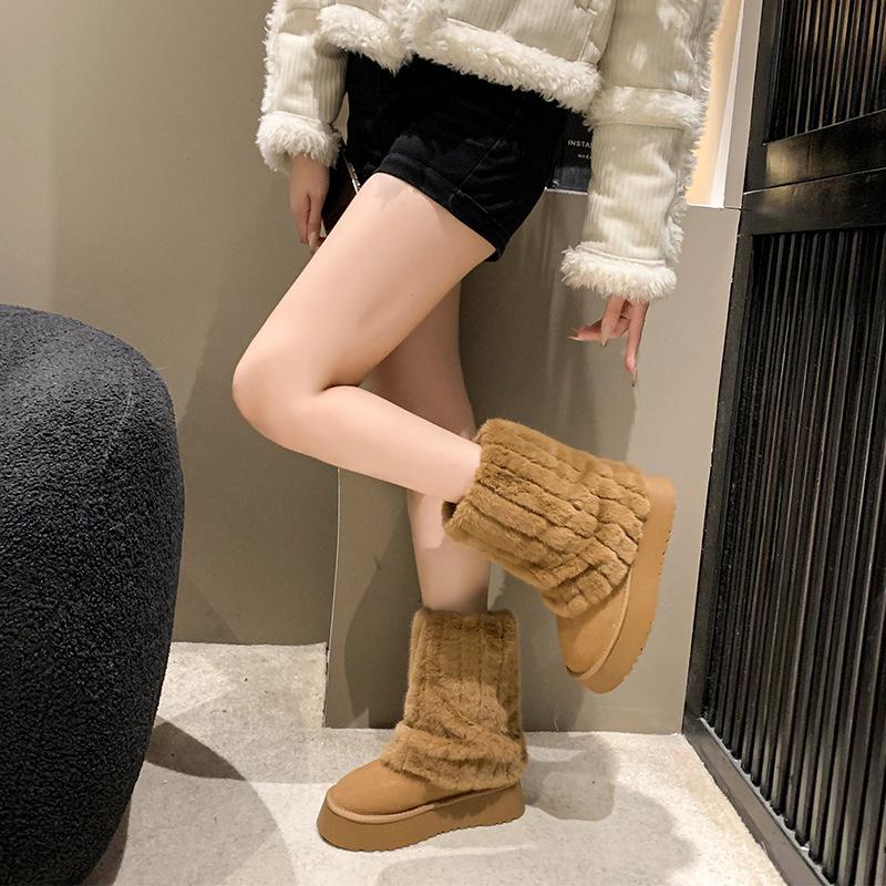 2025 Winter Niche Snow Boots Sleeve Thick Sole Heightening Shoes Women's Fleece Thickened Short Tube Warm Fluffy Boots Cold Proof