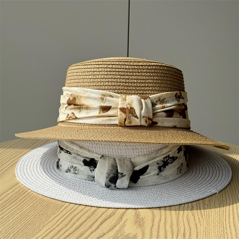 New French-style Fashion Straw Hat with Flat Brim for Women, Summer Seaside Flat-top Straw Hat, Beach Vacation Sunshade and Sun Protection Hat