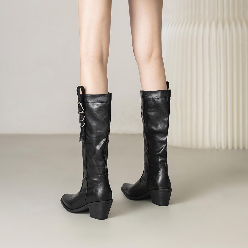 Brown Black Women Knee High Boots High Block Heel Big Size 46