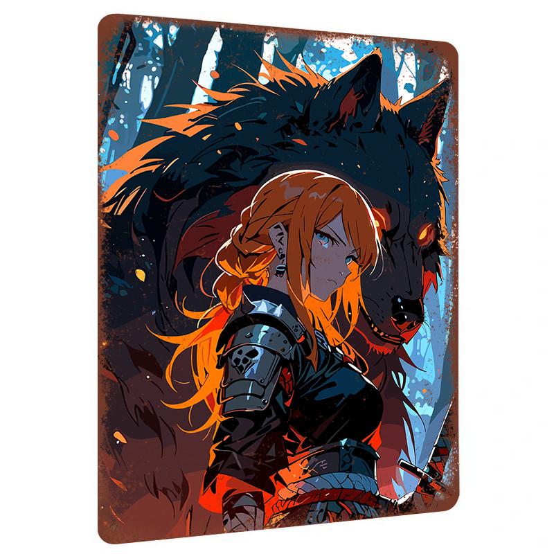 

Fantasy Style Female Warrior and Black Wolf Illustration Custom Metal Tin Sign Home Decor Wall Art 20x30cm（7.8x11.8inch）