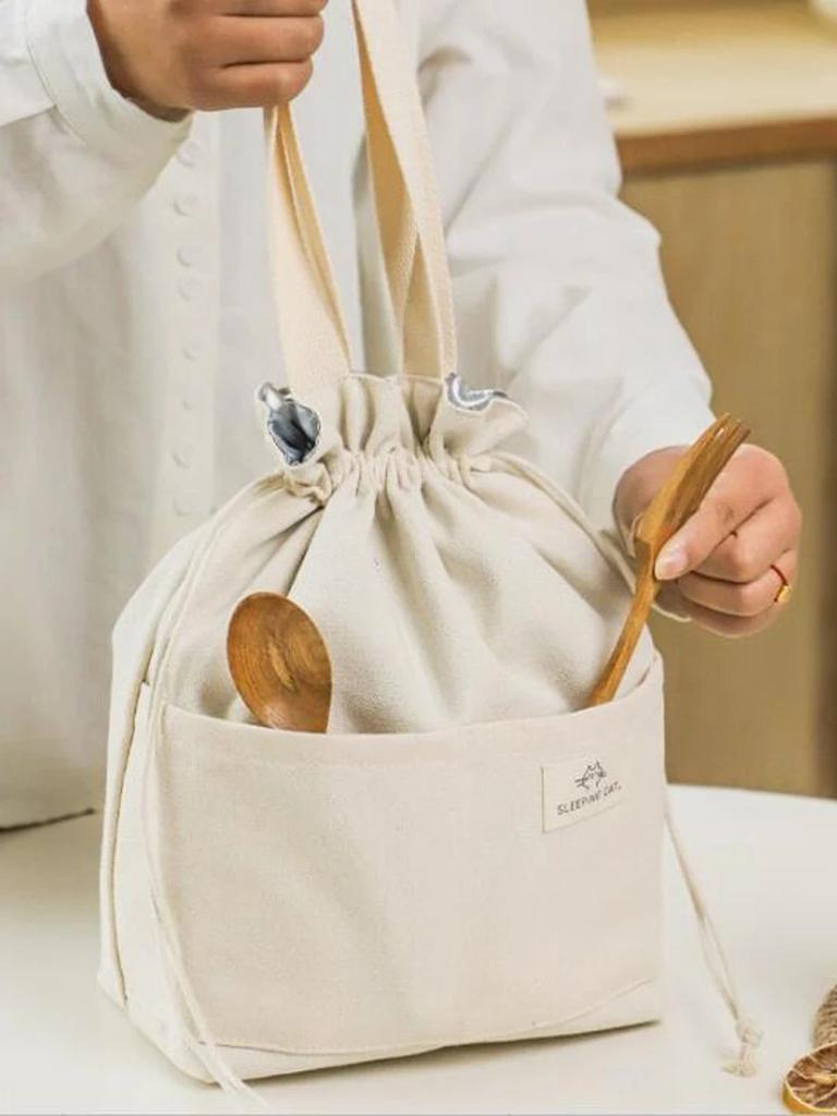 Drawstring Canvas Insulated Lunch Bag Outdoor Thicken Aluminium Foil Thermal Bento Box Tote Cooler Handbags for Office Workers