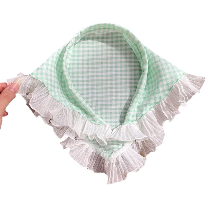 French Blue Plaid Lace Triangle Scarf Headband - Pastoral Style Women's Hair Accessory with Seaside Vibe