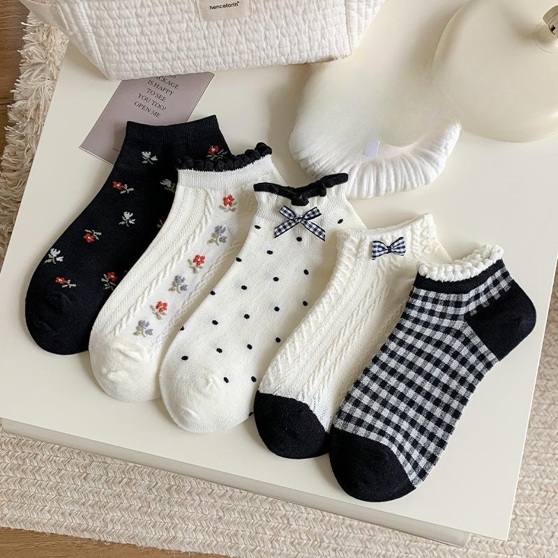 Summer Thin Women's Short Socks, Mesh Breathable, Sweet Bow Lace Boat Socks