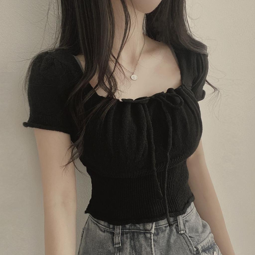 Temperament Square Collar Tie Bow Slim Design Short-sleeved Knitted Sweet Top