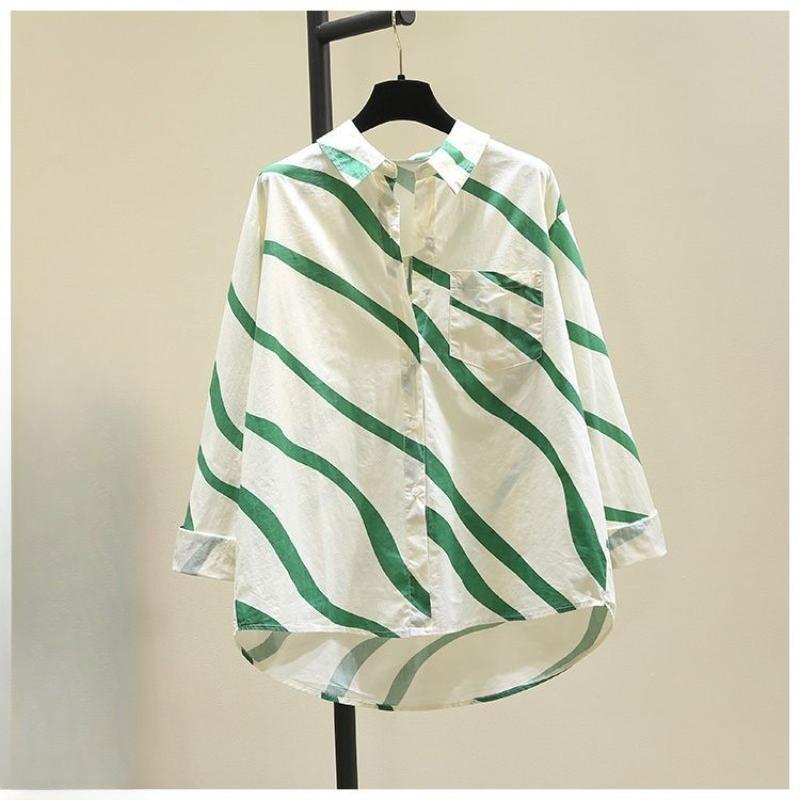 

Green Striped Women s Shirt Flip Collar Single Breasted Pocket Design Loose Thin Shirts Spring Fashion Versatile Famale Long Sleeved Blouse S