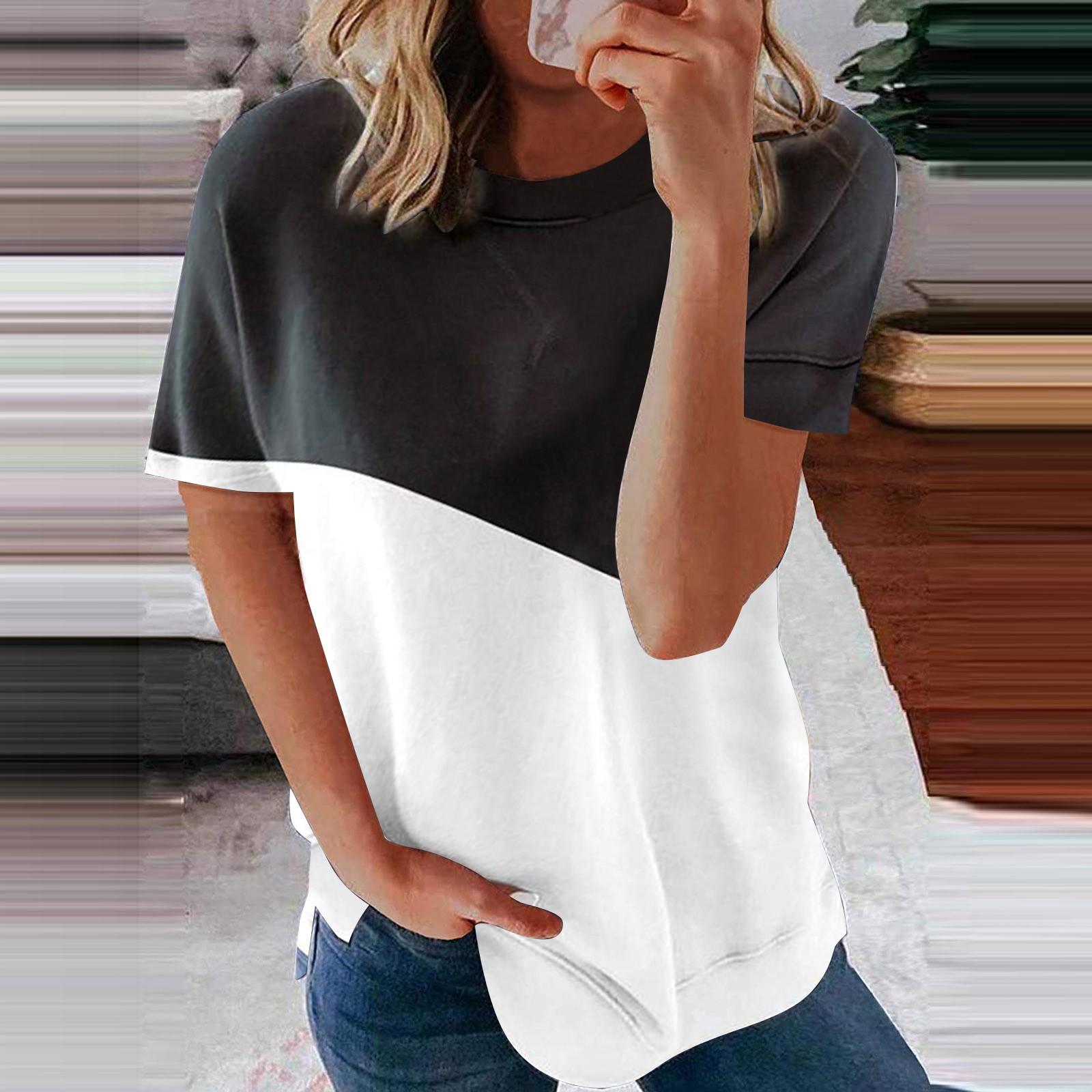 

Women s Casual Fashion Short-Sleeved Stitching Round Neck Pullover Thin T-shirt M белый