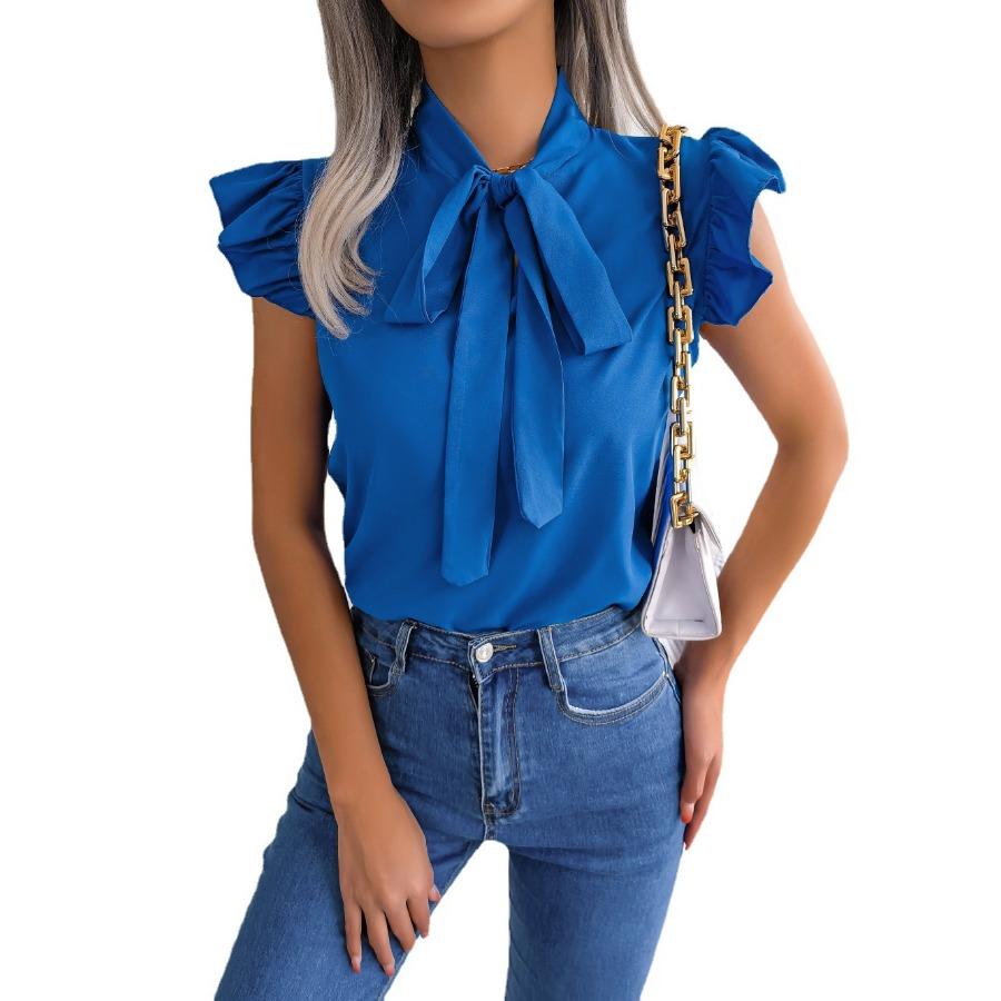 2024 Spring Summer Elegant Lace Up Butterfly Bow Tie Blouse Women Office Ruffles Hem Shirts