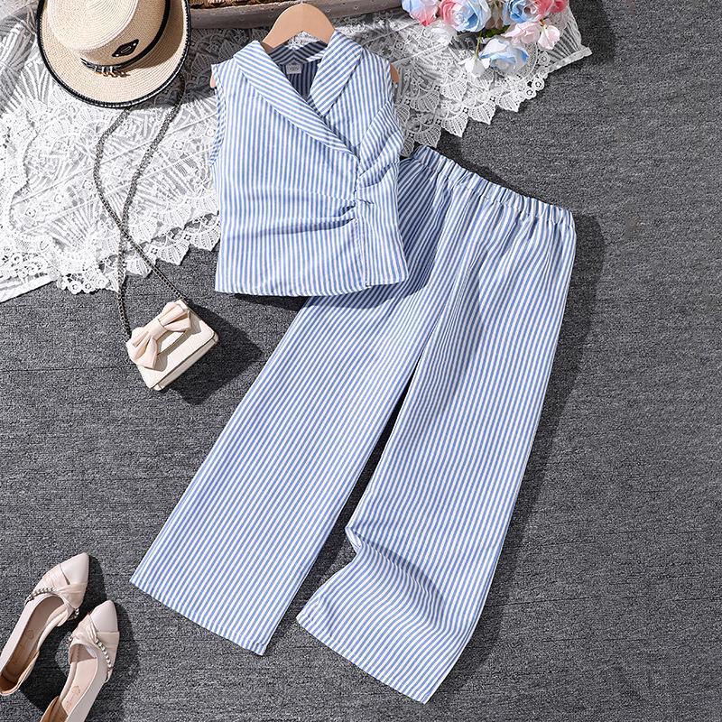 Женский полосатый комплект из рубашки без рукавов и брюк большого размера Весна/Лето 2026 140 cm/9Y