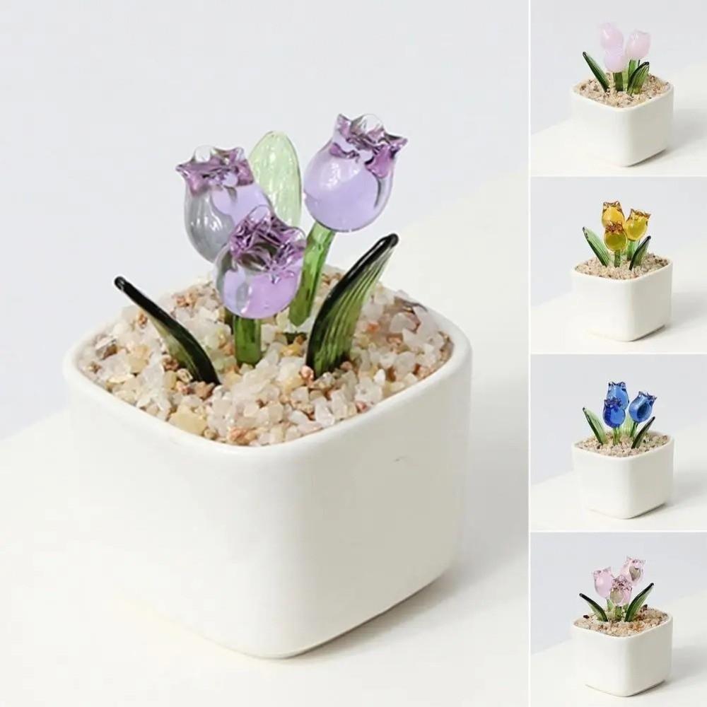 Mini Glass Flower Bouquet with Flowerpot Glass Flower Decor Blown Glass Flower  Wedding Decoration
