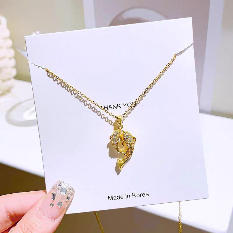 Titanium Steel Full Diamond Pisces Necklace Women'S Light Luxury Personality Versatile Copper Micro-Inlaid With You For The Rest Of Pendant Neck Chain