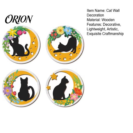 Boho Cat Wall Decorations 4Pcs Wooden Decor, 2D Flat Round Art with Flower Rustic for Home Moon Elements, Lightweight Decorative Hanging Signs Living