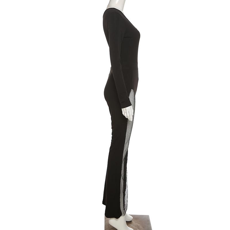 Salopetă de damă de toamnă 2021 cu umăr gol, patchwork din plasă