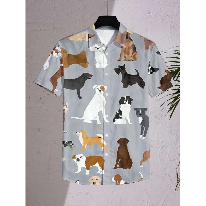 Women Casual Short Sleeve Shirt with Assorted Dog Cartoon Patterns Cute Button Up Shirt Machine Washable Fashion Top