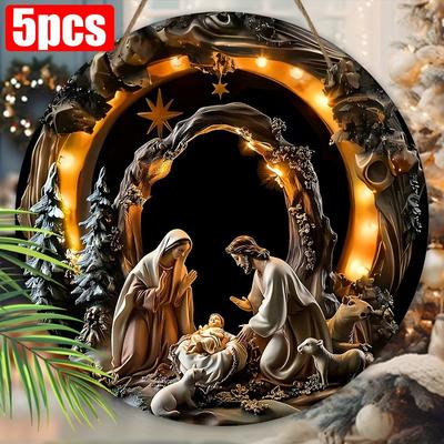 5pcs Christmas Nativity Scene Wooden Sign - 2D Jesus Relief, Round Wall Decor for Church & Home, Perfect Christian Gift