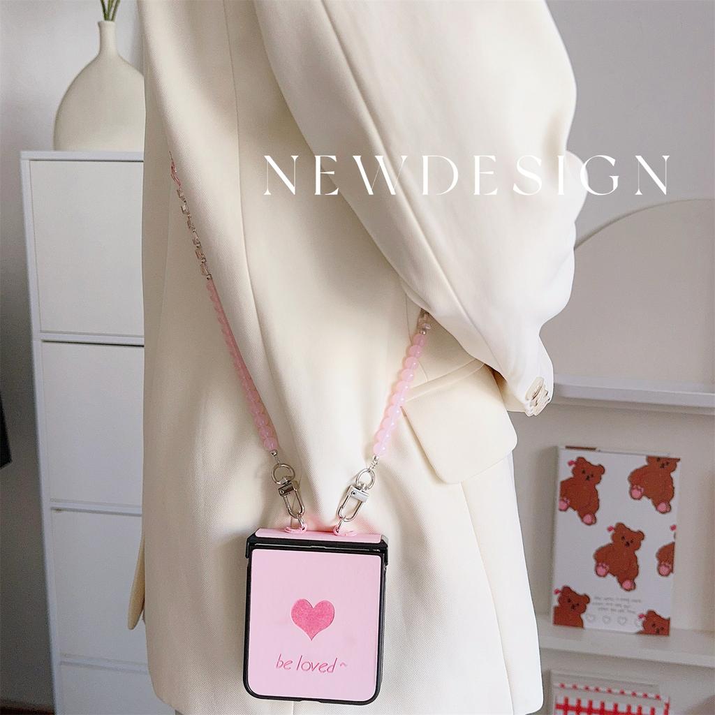 For Samsung Galaxy Z Flip7 FE 5G/Z Flip6 5G Case Heart Pattern Leather+PC Phone Cover with Crossbody Beaded Strap