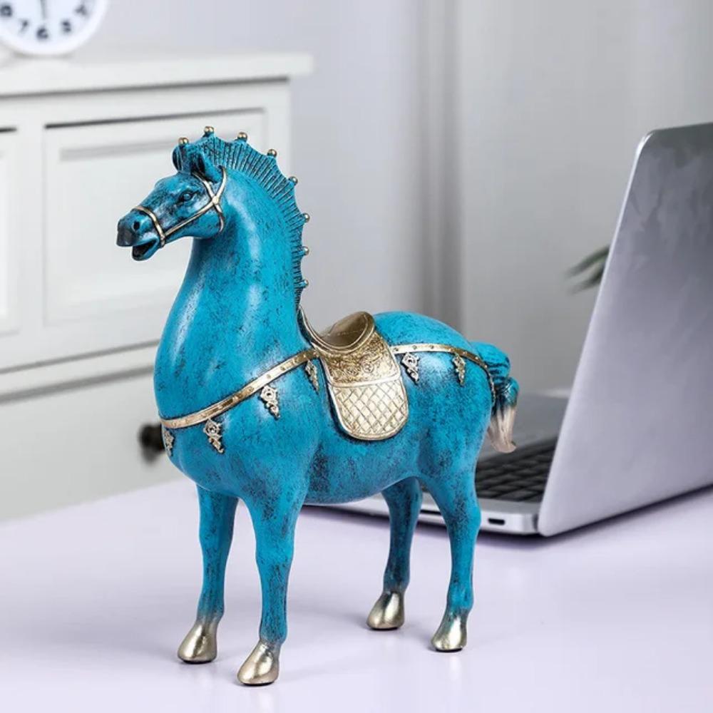 Chinese Blue Warriors Horse Resin Accessories Art Home Livingroom Desktop Figurines Decoration Bookcase Cabinet Sculpture Crafts
