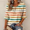 Women's Striped Print Ruffled Hem Three-Quarter Sleeve Blouse with Round Neck and Tie