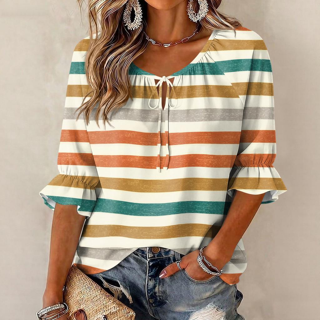 Women's Striped Print Ruffled Hem Three-Quarter Sleeve Blouse with Round Neck and Tie