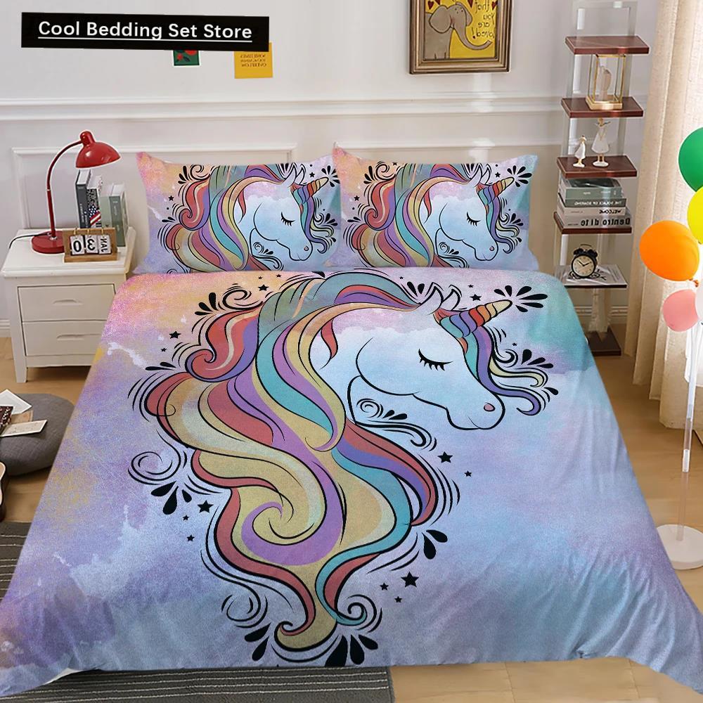 

Comforter Unicorn King Queen Cartoon Animal Rainbow Universe Bedding Set For Kids Teen Cosmic Starry Sky Polyester Comforter (quilt)-EU Single(135*200cm)3pcs