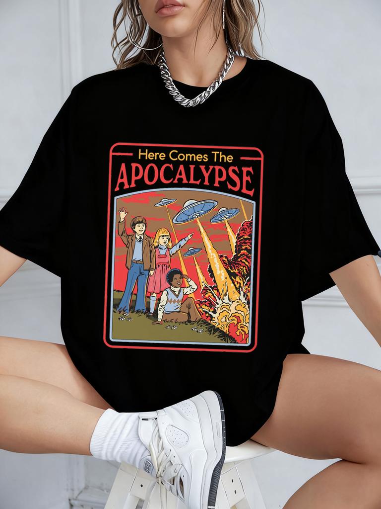 Here Comes The Apocalypse Ufo Prints TShirts Womens Summer Cotton Short Sleeve Tops Loose ONeck Soft T Shirt Street Clothes