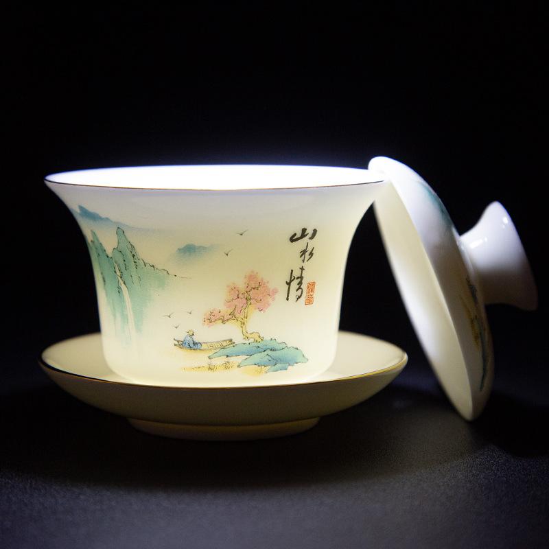 HMLOVE Mutton-fat Jade White Porcelain Sancai Gaiwan Color Enamel Cover Bowl Lid Saucer Handmade Tea Tureen Teaware Sets 160ML