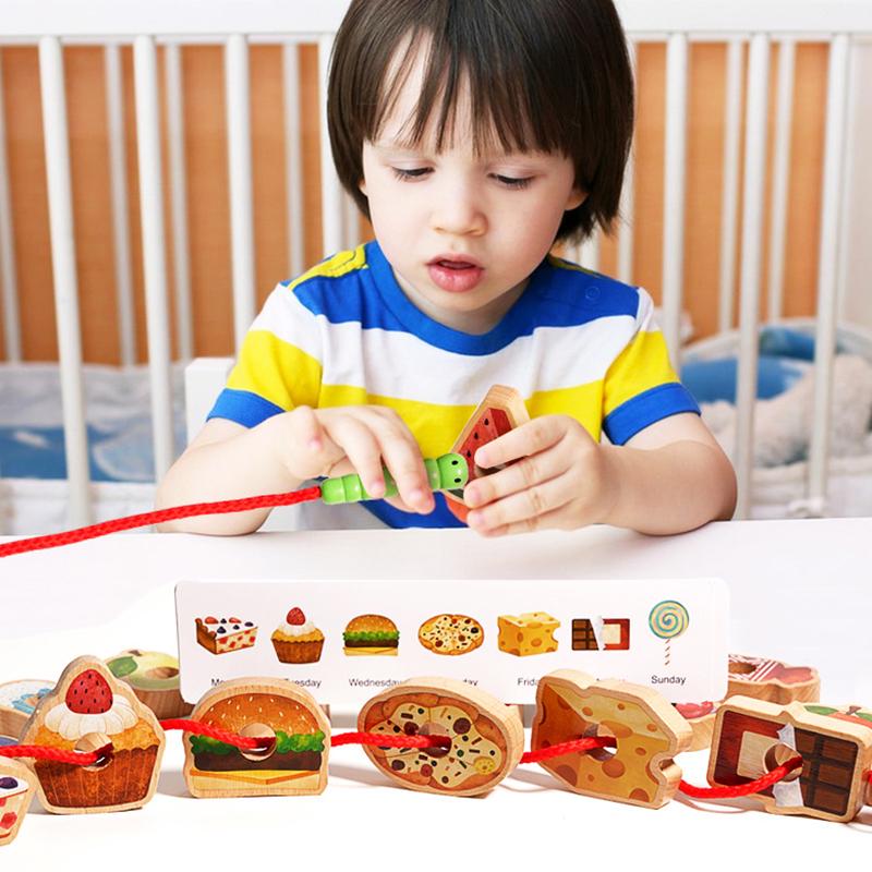 Wooden Greedy Caterpillar Rope Toy, Fruit & Vegetable Caterpillar Lacing Bead String Game, Montessori Fine Motor Skills Farm Toy