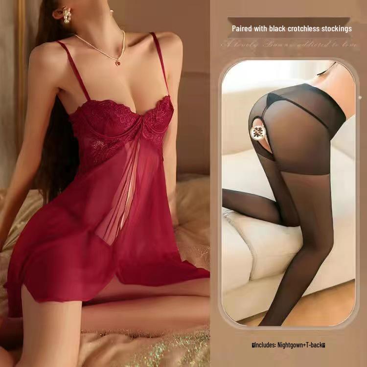Elegant Lace Sheer Mesh Nightdress - Bust Enhancing, Plus Size, Thin Steel Ring, Sexy Summer Sling for Women