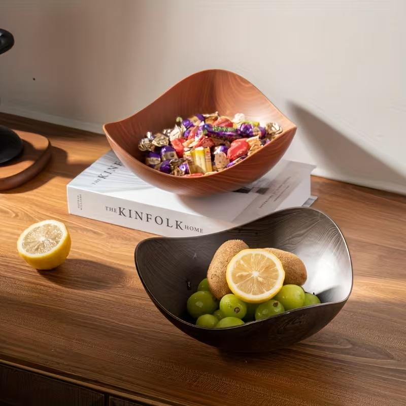 Stort Plastik Festbord Salatskål og Frugtskål, Slikbeholder, Træstruktur Finish, Velegnet til Fester og Sammenkomster.